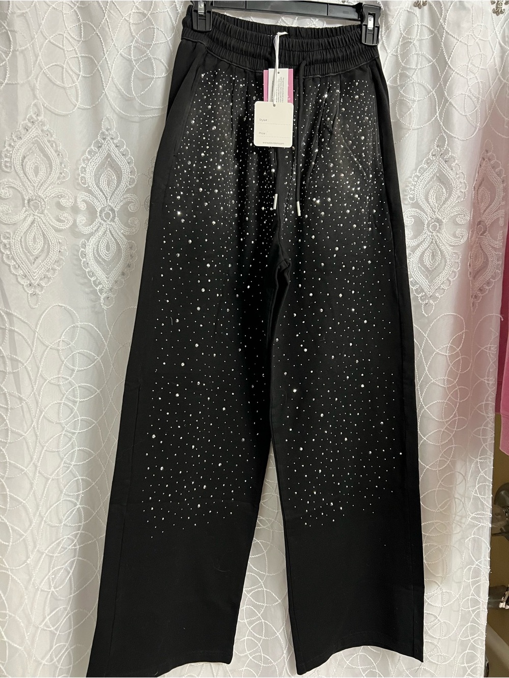 DAVI & DANI Black Wide-Leg Joggers with Crystal Embellishment
